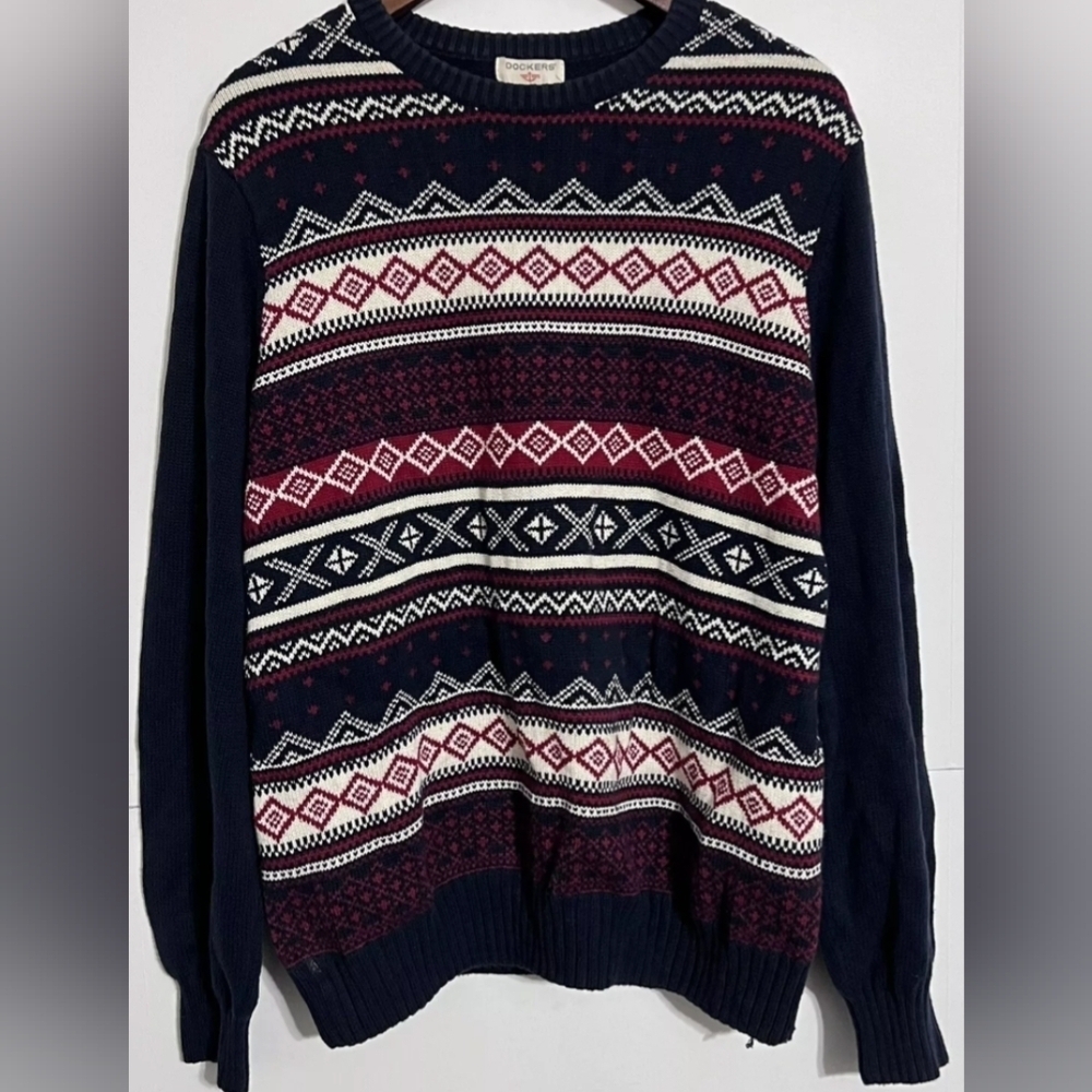 Dockers Nordic Fair Isle Aztec Sweater Size L Navy Used Excellent MSRP $65